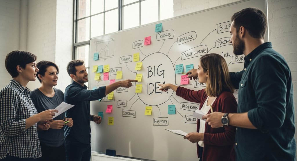 Ein Team entwickelt eine Content-Strategie auf einem Whiteboard als Teil der Inhouse SEO Checkliste.