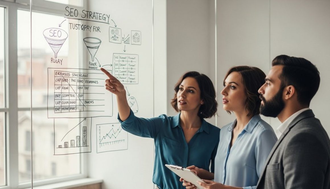 Ein Team von Experten entwickelt eine Inhouse SEO Strategie an einem Whiteboard.