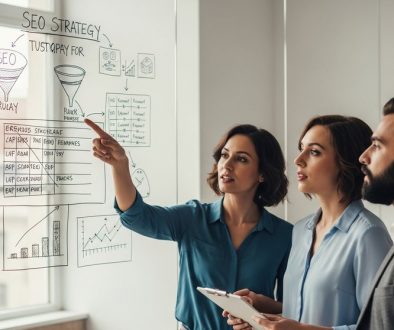 Ein Team von Experten entwickelt eine Inhouse SEO Strategie an einem Whiteboard.