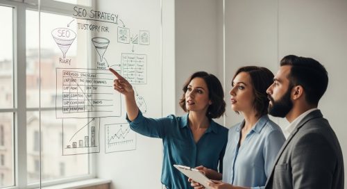 Ein Team von Experten entwickelt eine Inhouse SEO Strategie an einem Whiteboard.