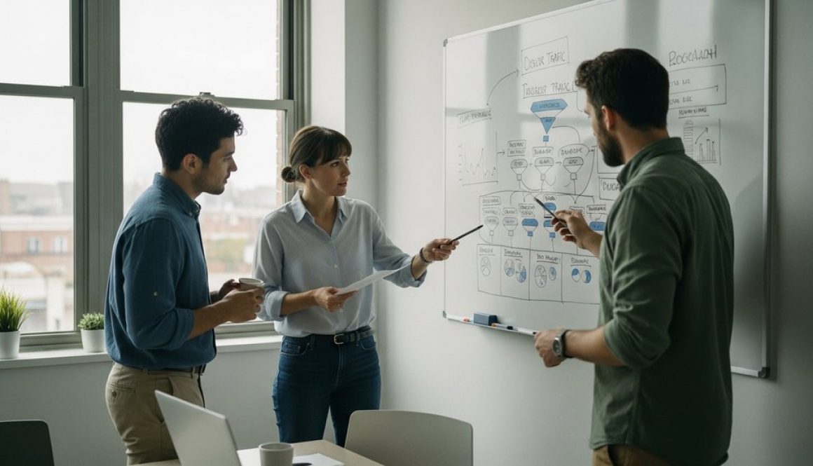 Ein Team von Experten plant eine Inhouse-SEO-Strategie vor einem Whiteboard.
