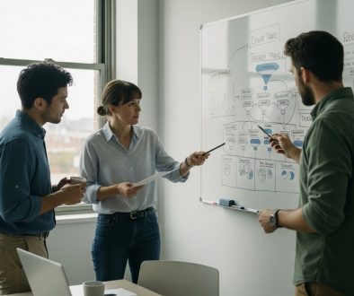 Ein Team von Experten plant eine Inhouse-SEO-Strategie vor einem Whiteboard.