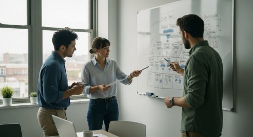 Ein Team von Experten plant eine Inhouse-SEO-Strategie vor einem Whiteboard.