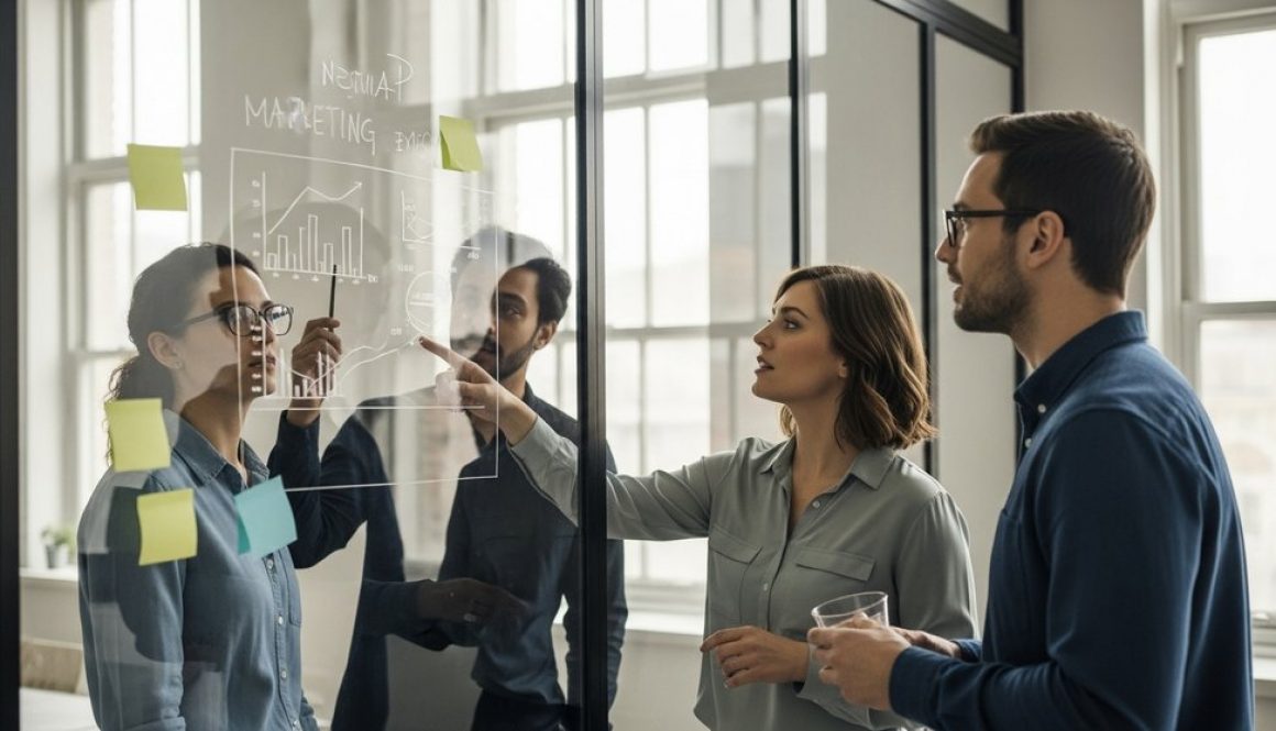 Ein Team von Marketing-Experten entwickelt in einem modernen Büro eine Inhouse Marketing Strategie.
