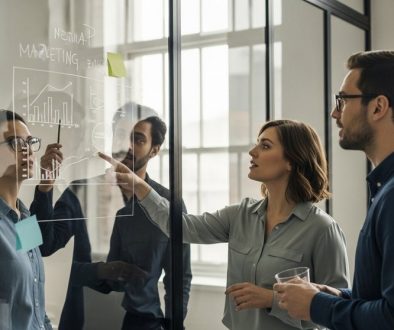 Ein Team von Marketing-Experten entwickelt in einem modernen Büro eine Inhouse Marketing Strategie.