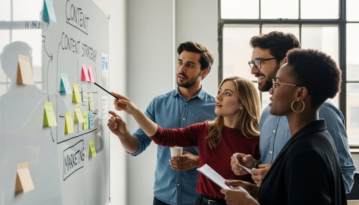 Ein Team von Marketing-Experten plant eine Inhouse-Content-Marketing-Strategie an einem Whiteboard.