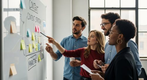 Ein Team von Marketing-Experten plant eine Inhouse-Content-Marketing-Strategie an einem Whiteboard.