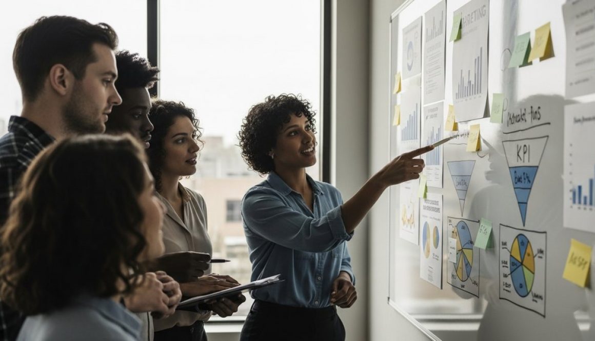 Ein Team von Marketing-Experten plant eine Inhouse-Performance-Marketing-Strategie am Whiteboard.