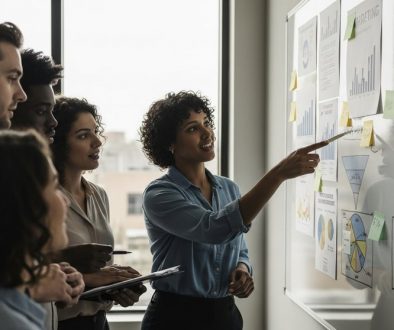 Ein Team von Marketing-Experten plant eine Inhouse-Performance-Marketing-Strategie am Whiteboard.