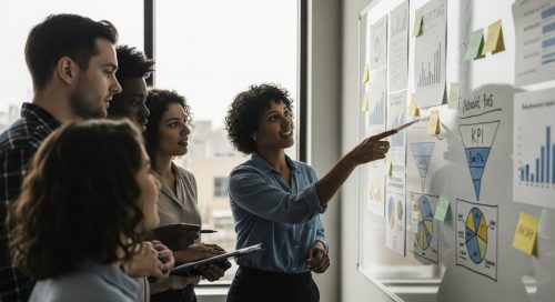 Ein Team von Marketing-Experten plant eine Inhouse-Performance-Marketing-Strategie am Whiteboard.