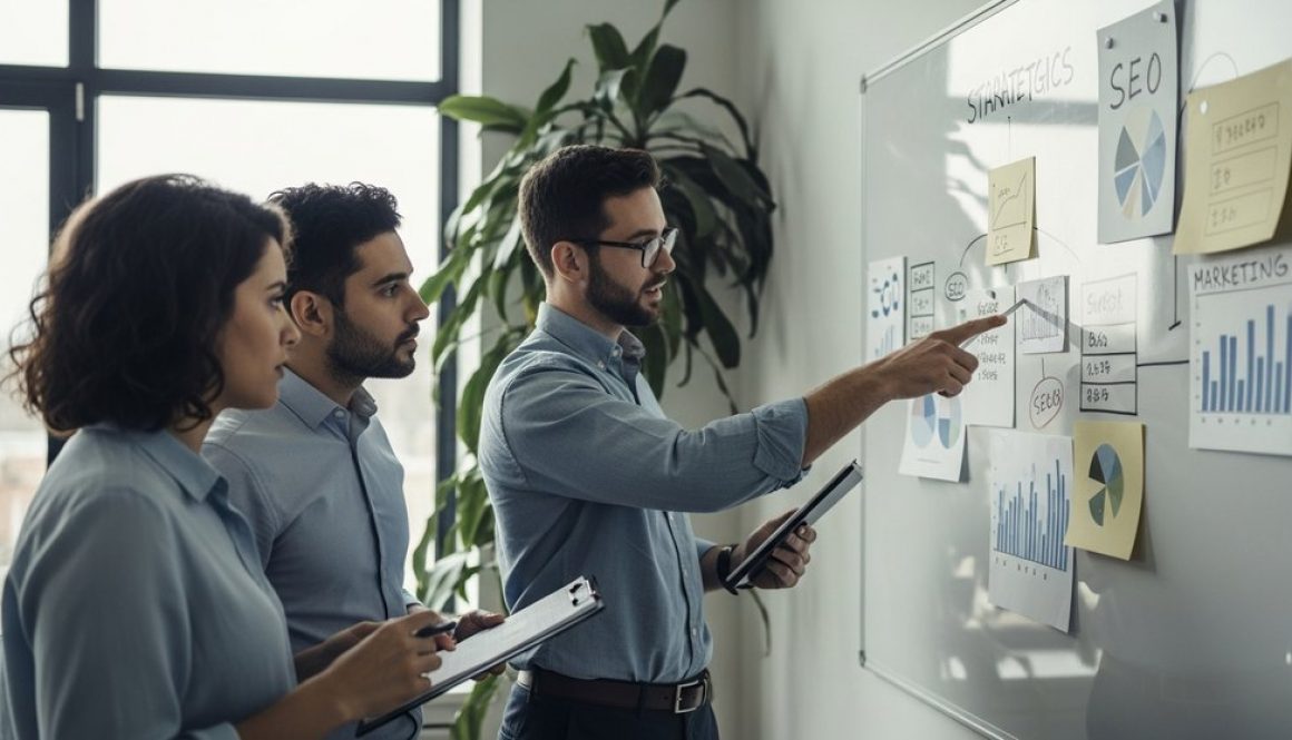 Ein Team von SEO-Experten diskutiert Strategien an einem Whiteboard im Büro.