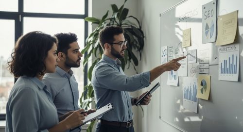 Ein Team von SEO-Experten diskutiert Strategien an einem Whiteboard im Büro.