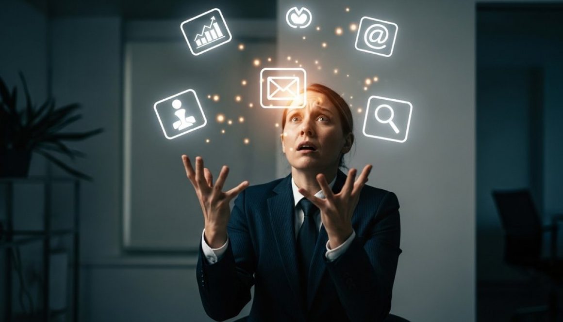 Ein überforderter Marketing-Manager erkennt die Nachteile von Inhouse Marketing.