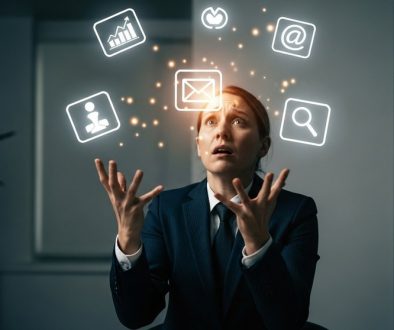 Ein überforderter Marketing-Manager erkennt die Nachteile von Inhouse Marketing.