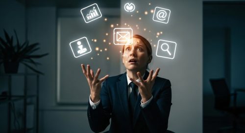 Ein überforderter Marketing-Manager erkennt die Nachteile von Inhouse Marketing.