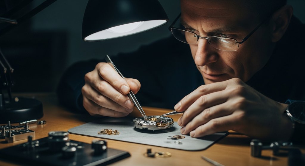 Ein Uhrmacher bei der präzisen Montage eines Uhrwerks als Metapher für den Aufbau eines Inhouse-Teams.