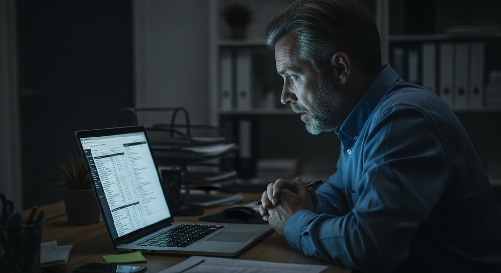 Ein Unternehmer analysiert einen komplexen SEO-Report einer Agentur.