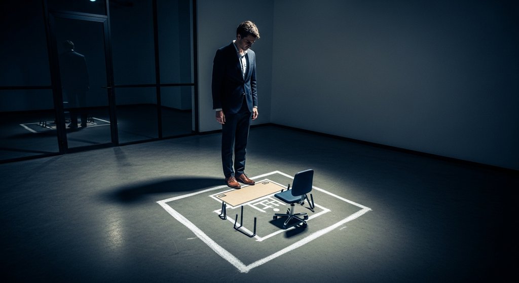 Ein Unternehmer betrachtet eine Kreidezeichnung eines Arbeitsplatzes, Symbol für die Gefahr der Scheinselbstständigkeit.