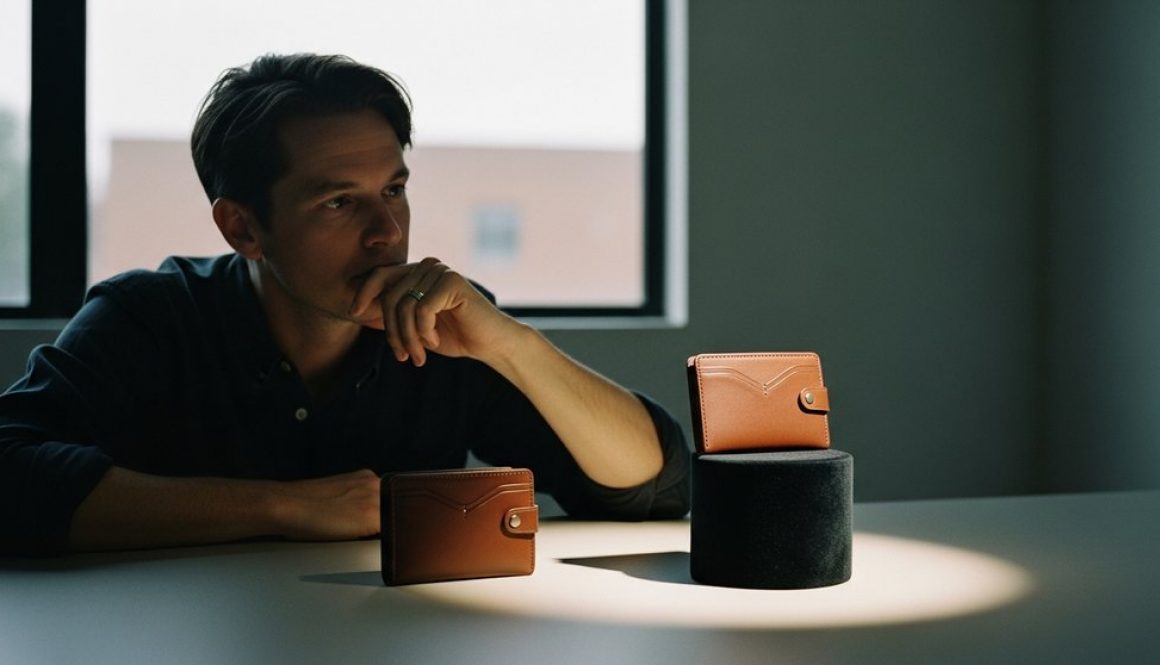 Ein Unternehmer betrachtet zwei identische Produkte, von denen eines durch Preispsychologie hochwertiger inszeniert wird.