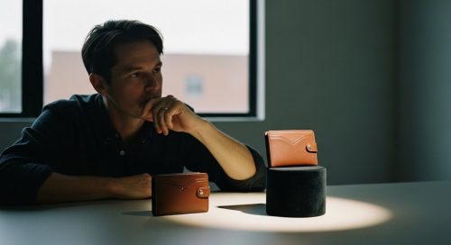 Ein Unternehmer betrachtet zwei identische Produkte, von denen eines durch Preispsychologie hochwertiger inszeniert wird.