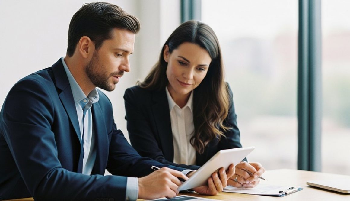 Ein Unternehmer und eine Unternehmerin besprechen strategisch die Kommunikation einer Preiserhöhung.