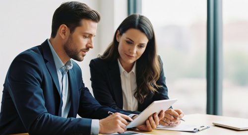 Ein Unternehmer und eine Unternehmerin besprechen strategisch die Kommunikation einer Preiserhöhung.