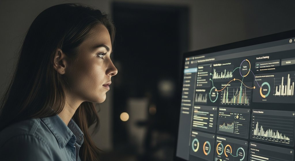 Eine Analystin betrachtet ein komplexes SEO-Dashboard mit Geschäftsdaten.