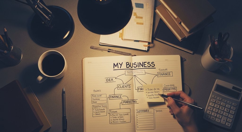 Eine Aufsicht auf einen Schreibtisch mit einem Notizbuch, das die Zusammenfassung eines Businessplans zeigt.