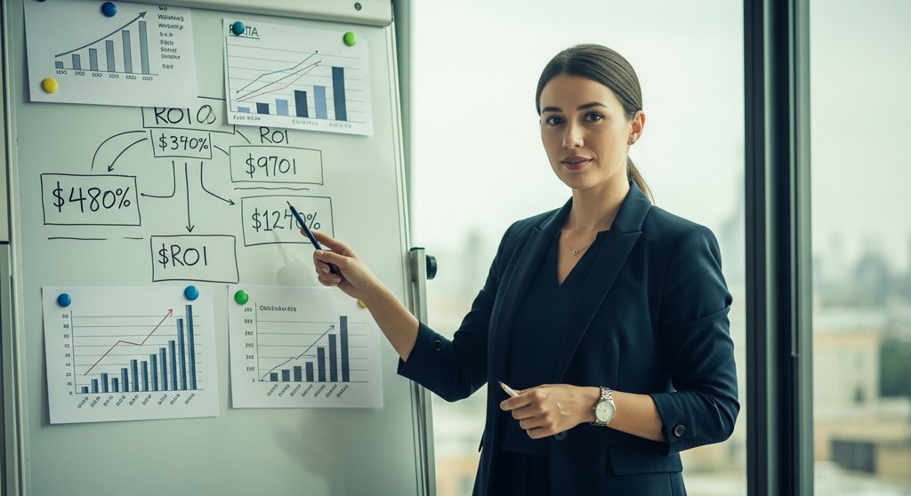 Eine Beraterin erklärt in einem Büro eine Grafik zur Wertquantifizierung an einem Whiteboard.