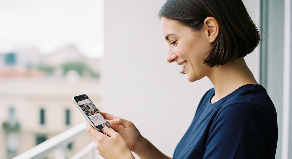 Eine Frau nutzt zufrieden eine mobil-optimierte Webseite auf ihrem Smartphone.