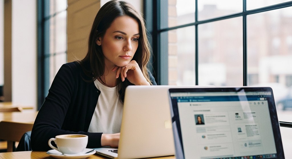 Eine Freelancerin baut ihre Online-Präsenz durch die Pflege ihres professionellen Profils auf.