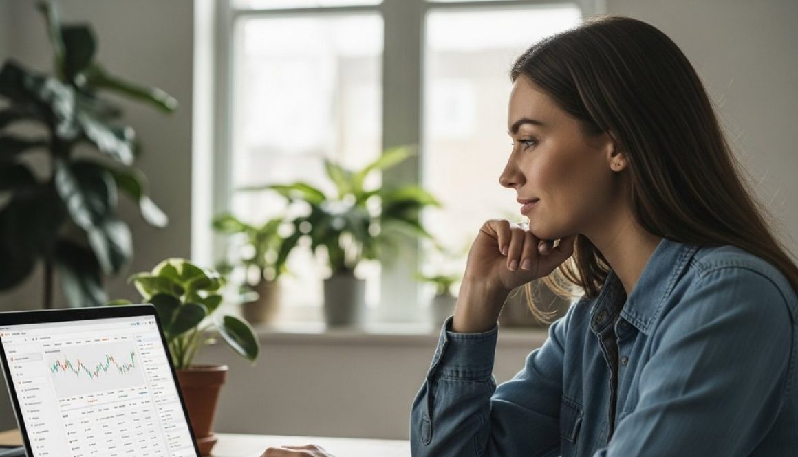 Eine Freelancerin, die entspannt und souverän ihre Steuererklärung am Laptop vorbereitet.