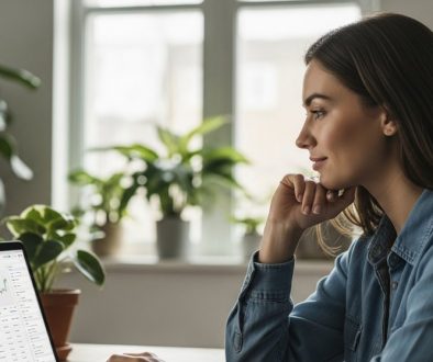 Eine Freelancerin, die entspannt und souverän ihre Steuererklärung am Laptop vorbereitet.