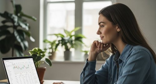 Eine Freelancerin, die entspannt und souverän ihre Steuererklärung am Laptop vorbereitet.