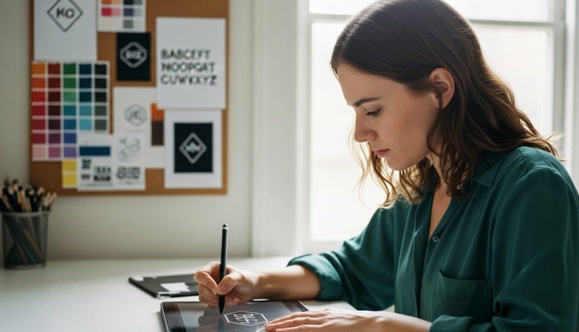 Eine Freelancerin entwirft ihre Corporate Identity an einem Tablet.