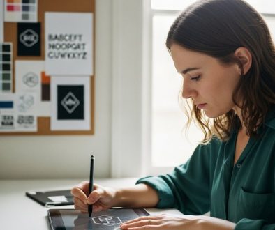 Eine Freelancerin entwirft ihre Corporate Identity an einem Tablet.