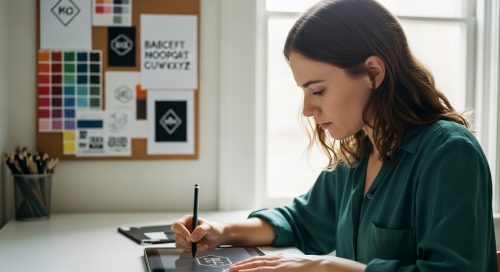 Eine Freelancerin entwirft ihre Corporate Identity an einem Tablet.