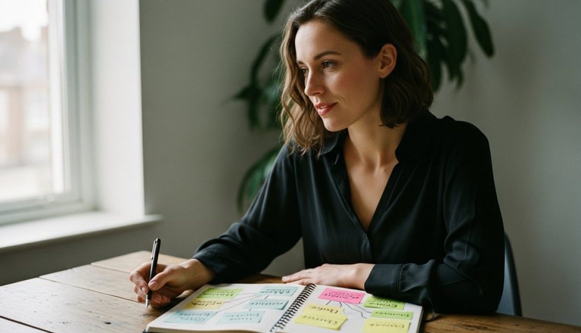 Eine Freelancerin sitzt an ihrem Schreibtisch und erstellt konzentriert einen Businessplan in ihrem Notizbuch.