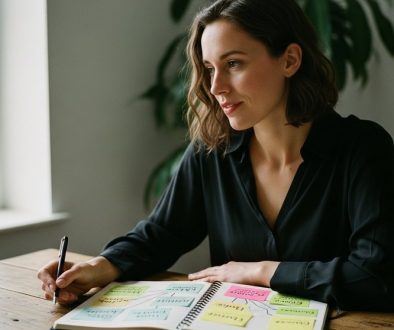 Eine Freelancerin sitzt an ihrem Schreibtisch und erstellt konzentriert einen Businessplan in ihrem Notizbuch.