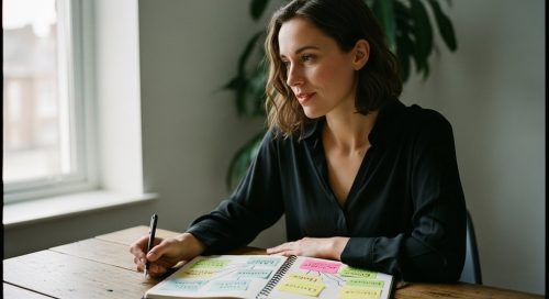 Eine Freelancerin sitzt an ihrem Schreibtisch und erstellt konzentriert einen Businessplan in ihrem Notizbuch.