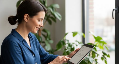 Eine Freiberuflerin erstellt mit einer professionellen Angebotsvorlage ein Angebot für einen Kunden.