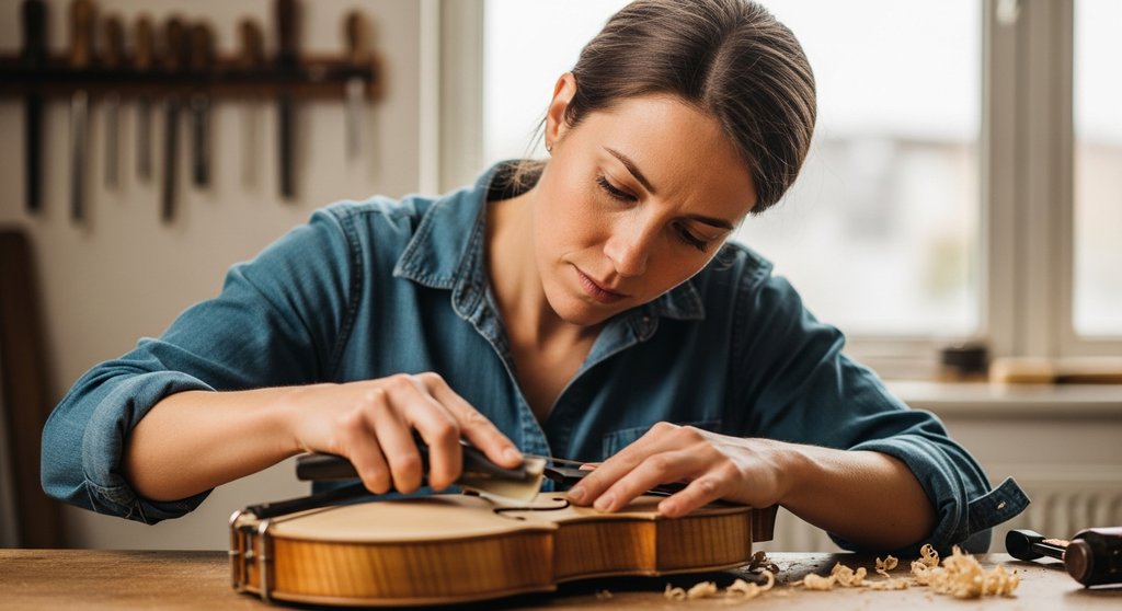 Eine Geigenbauerin konzentriert sich auf ihr Handwerk, Symbol für den Fokus aufs Kerngeschäft.