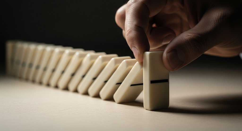 Eine Hand ersetzt ein starres Element durch ein flexibles, um eine Kettenreaktion zu stoppen.