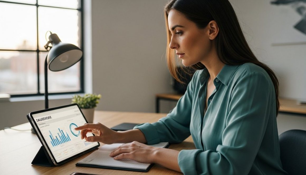 Eine Marketing-Managerin analysiert ein Inhouse SEO Reporting auf ihrem Tablet.