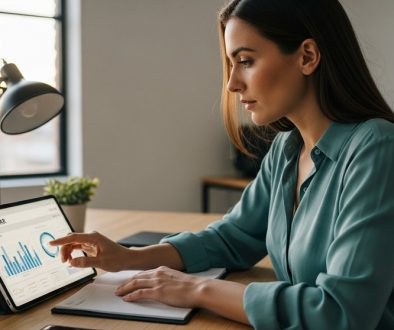 Eine Marketing-Managerin analysiert ein Inhouse SEO Reporting auf ihrem Tablet.