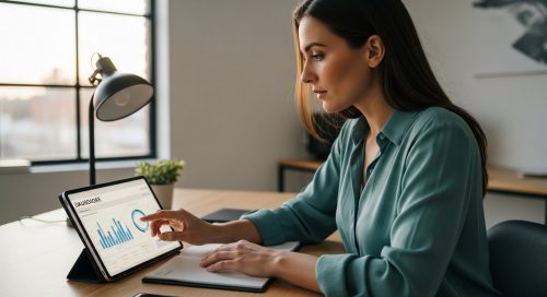 Eine Marketing-Managerin analysiert ein Inhouse SEO Reporting auf ihrem Tablet.