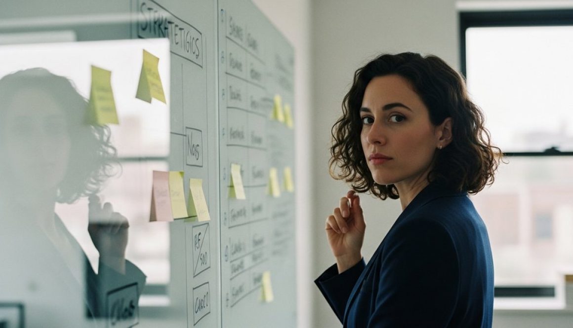 Eine Marketing Managerin plant strategische Aufgaben an einem Whiteboard.