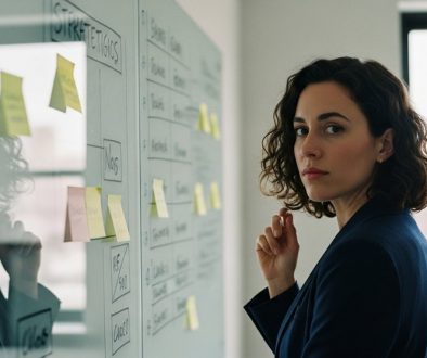 Eine Marketing Managerin plant strategische Aufgaben an einem Whiteboard.