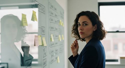 Eine Marketing Managerin plant strategische Aufgaben an einem Whiteboard.