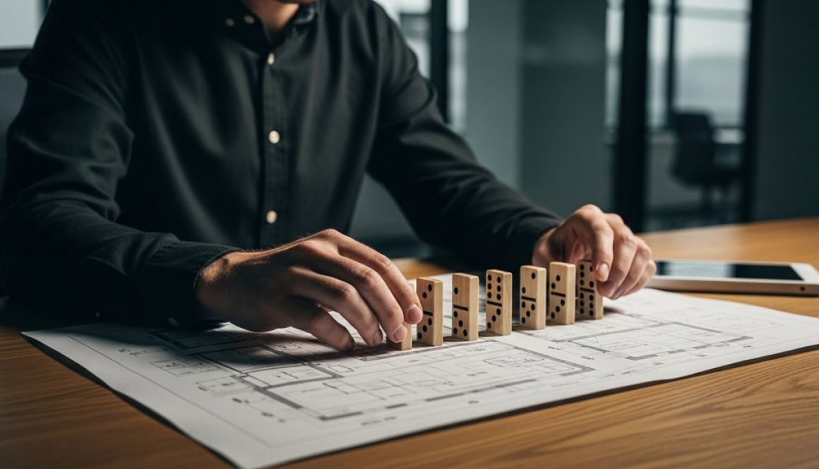 Eine Person arrangiert Dominosteine auf dem Bauplan einer Webseite als Symbol für eine Inhouse SEO Checkliste.